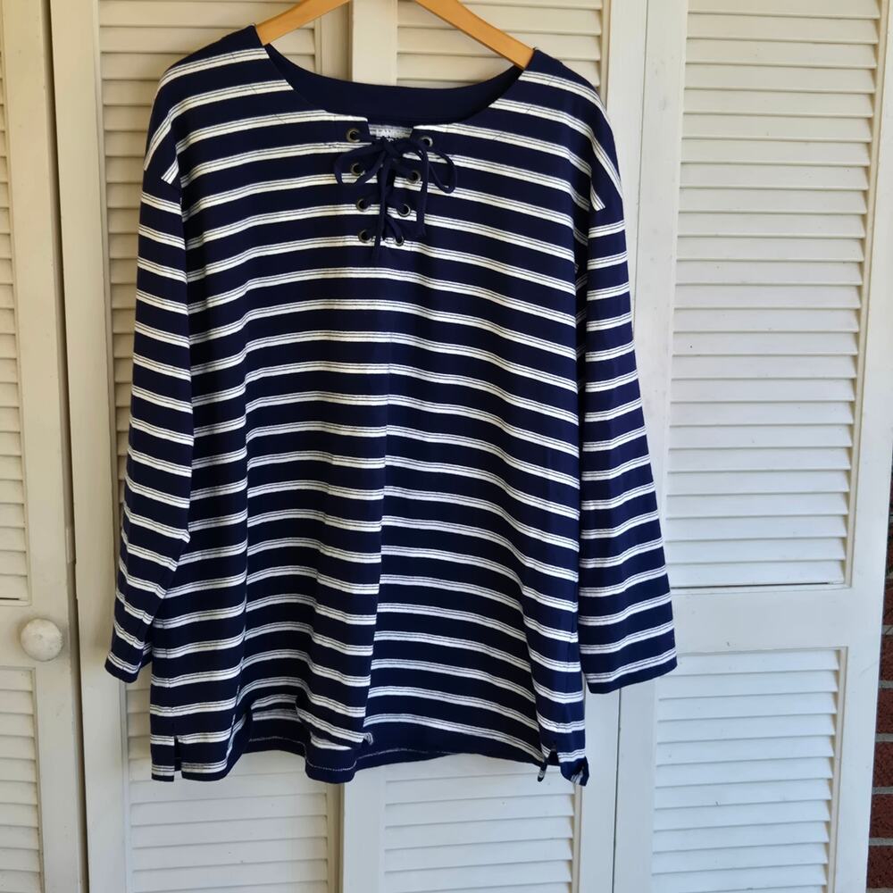 Land's End Women's Long Sleeve Heavyweight Jersey Lace Front Top Navy/White XL